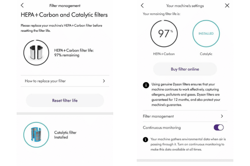 Informationen der Dyson Link App zu den Luftreinigerfiltern und zur verbleibenden Lebensdauer in Prozent